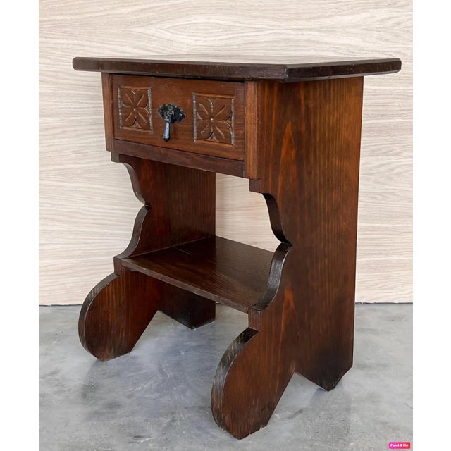 Mid 20th Century Pair of Narrow Spanish Nightstands with Carved Drawer and Low Shelve For Sale - Image 12 of 18
