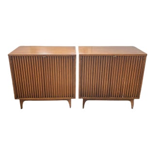 Broyhill Brasilia Cabinets Fluted Walnut Storage Chest Mid Century Modern Large Night Stand Commodes a Pair For Sale