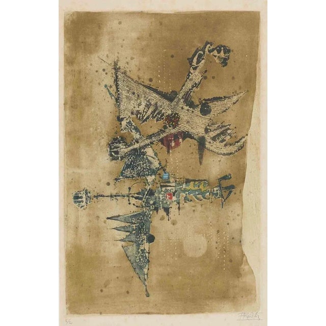 L'oiseau bleu is a print realized by Johnny Friedlaender (Plonia, 1912 - Paris, 1992). Etching on paper. Hand-Signed lower...