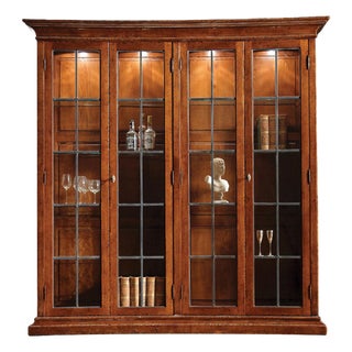 Italian Walnut Display Cabinet With Leaded Glass Doors For Sale