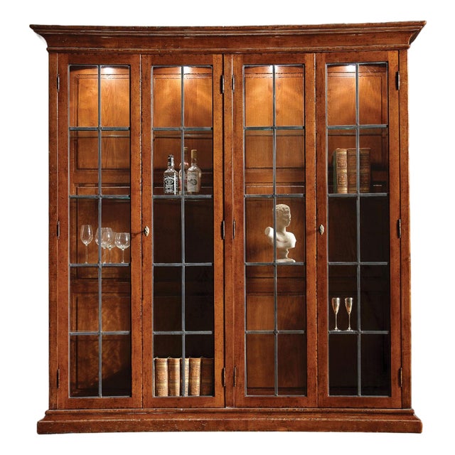 Italian Walnut Display Cabinet With Leaded Glass Doors For Sale