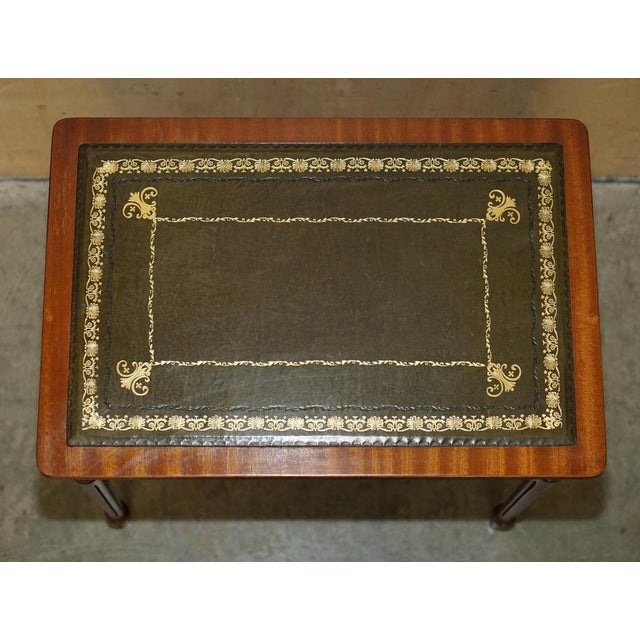 Vintage Nest of Three Hardwood with Gold Leaf Embossed Green Leather Tops Tables, Set of 3 For Sale - Image 10 of 18