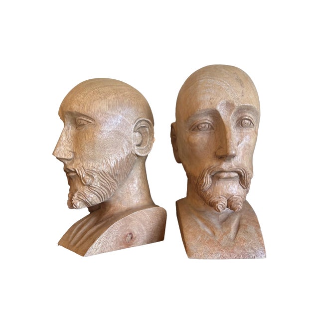 Spanish Antique Pair of Hand-Carved Distinguished Gentlemen Bust Sculptures For Sale - Image 3 of 6