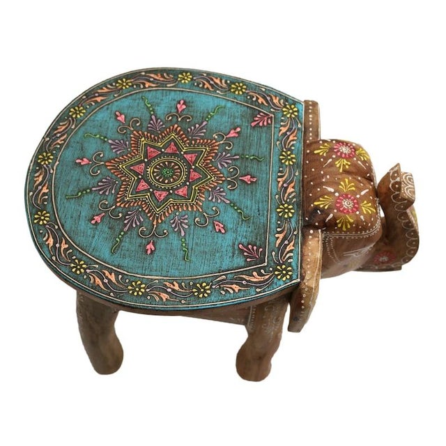 Elephant Stool Mango Wood Handmade With Mandala Painting Plant Stool Decoration For Sale - Image 10 of 10