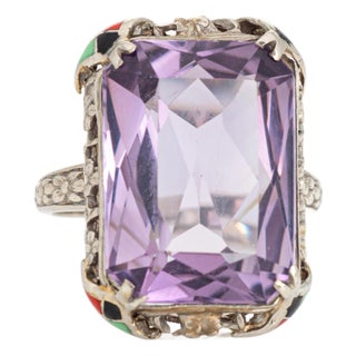Early 20th Century Vintage Art Deco Amethyst Ring Enamel Cocktail 14k Gold Filigree Jewelry Size 7 For Sale