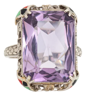 Early 20th Century Vintage Art Deco Amethyst Ring Enamel Cocktail 14k Gold Filigree Jewelry Size 7