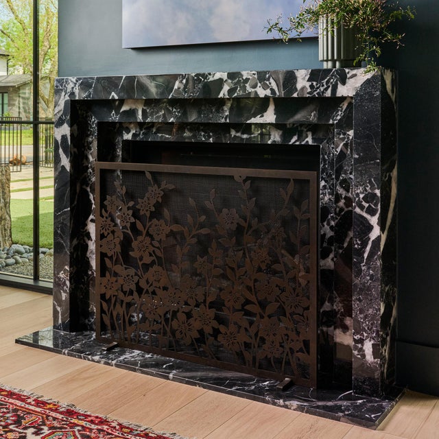 Metal Gold Rubbed Black Lacey Floral Fireplace Screen For Sale - Image 7 of 11