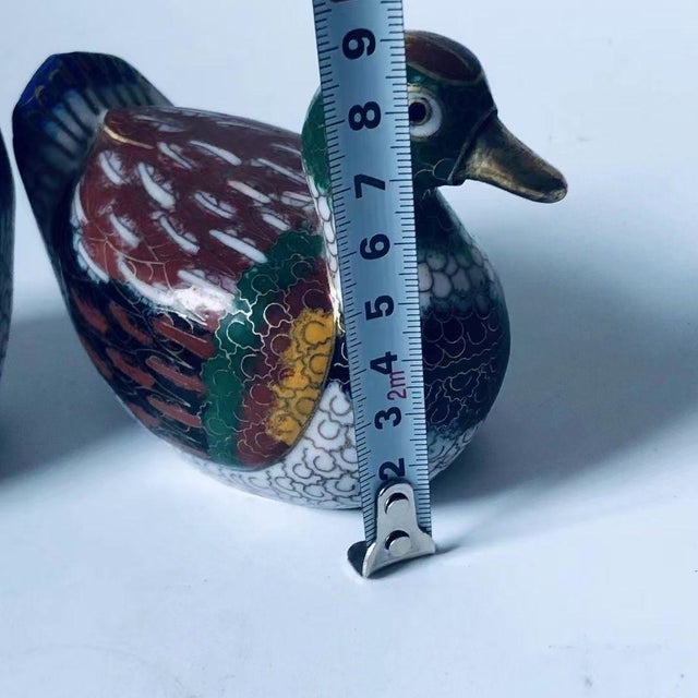 Metal Pair of Vintage Cloisonné Enamel Mandarin Duck Figures – Pair, Floral & Feather Motif For Sale - Image 7 of 9