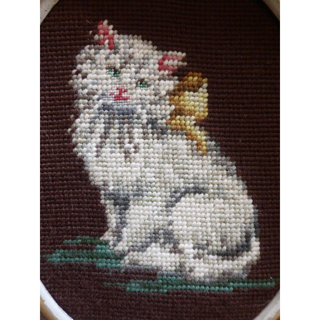 Mid 19th Century Vintage Needlepoint Cat in Old Mahogany Oval Frame For Sale - Image 5 of 6