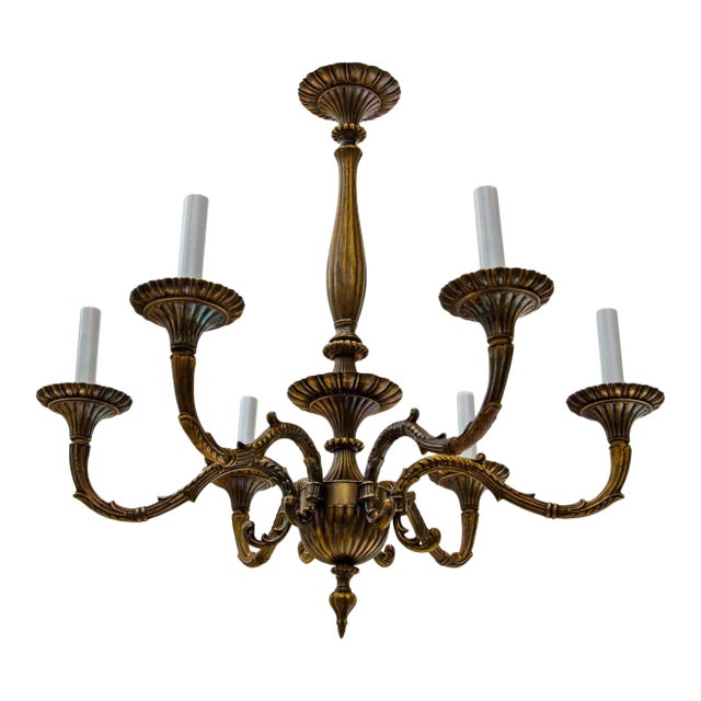 Vintage 1970s Cast Bronze Six-Arm Chandelier For Sale