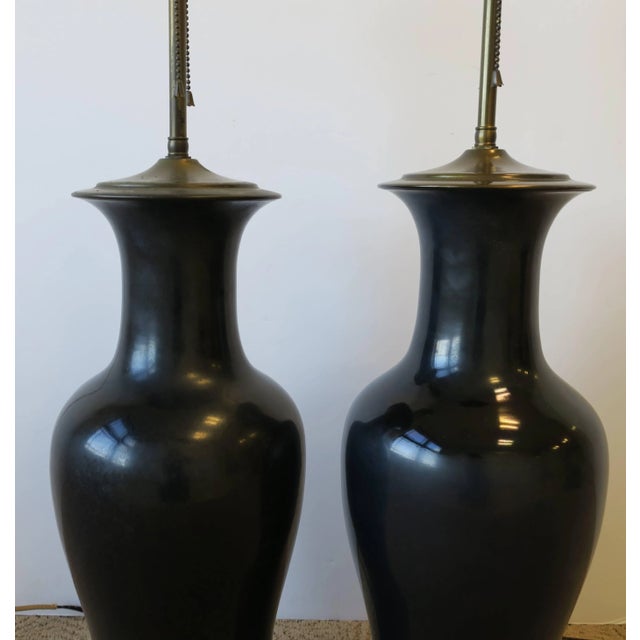 Black Ginger Jar Ceramic Pottery and Brass Table Lamps, Pair For Sale - Image 10 of 12