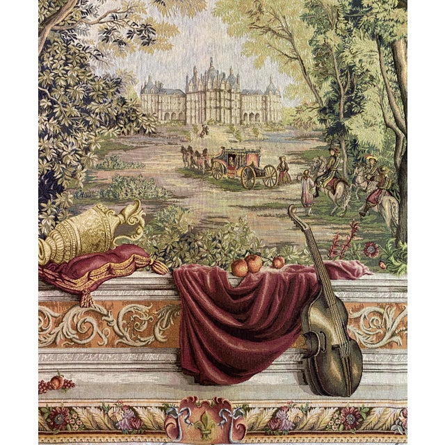 French Château Landscape Jacquard Woven Tapestry With Carriage & Courtly Scene For Sale - Image 10 of 11