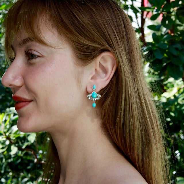 Metal Nina Zhou 9.98ctw Aspire Lotus Turquoise Aquamarine Diamond Drop Earrings For Sale - Image 7 of 7