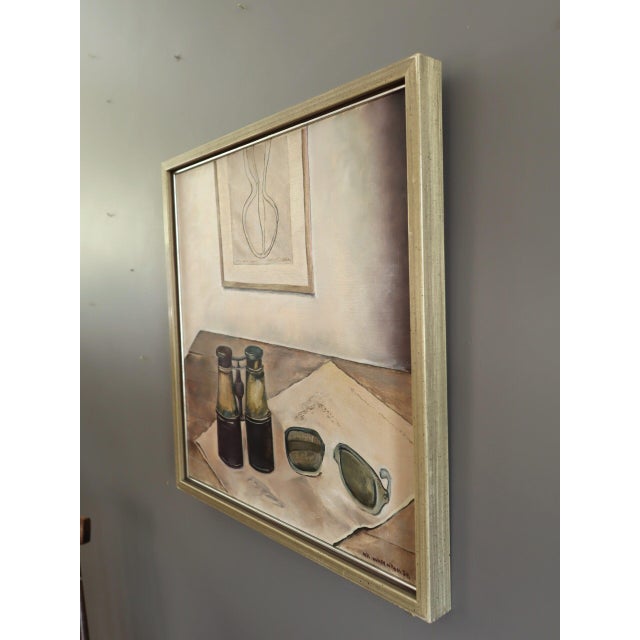 1970s 1974 Modernist 'Still Life With Binoculars' Vintage Original Interior Oil Painting, Framed For Sale - Image 5 of 11