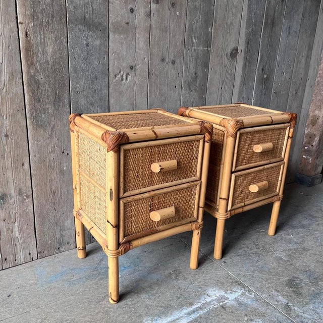 Bamboo and Cane Nightstands with Drawers, Set of 2 For Sale - Image 9 of 11