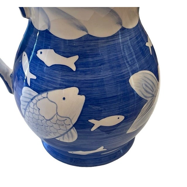 Vintage Mid-Century Modern Jay Willfred Andrea by Sadek Blue & White Fish Hand Painted Pitcher For Sale In Dallas - Image 6 of 7