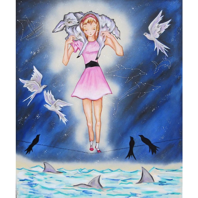The Cautious Guardian by Louis Recchia | Oil on Canvas Girl balancing on a tightrope with birds and sharks. For Sale