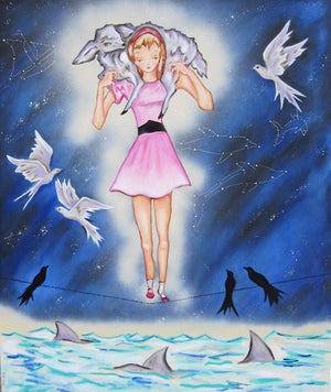 The Cautious Guardian by Louis Recchia | Oil on Canvas Girl balancing on a tightrope with birds and sharks.