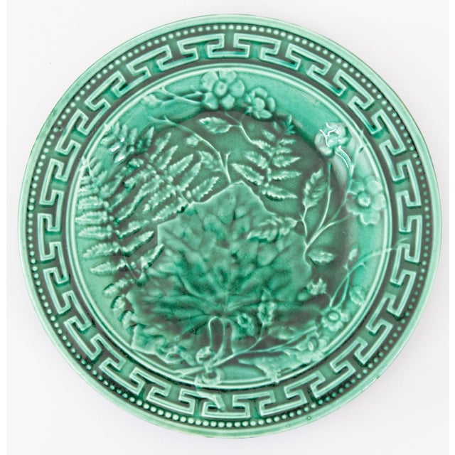 19th Century French Green Majolica Fern & Leaves Greek Key Plate For Sale In Houston - Image 6 of 6