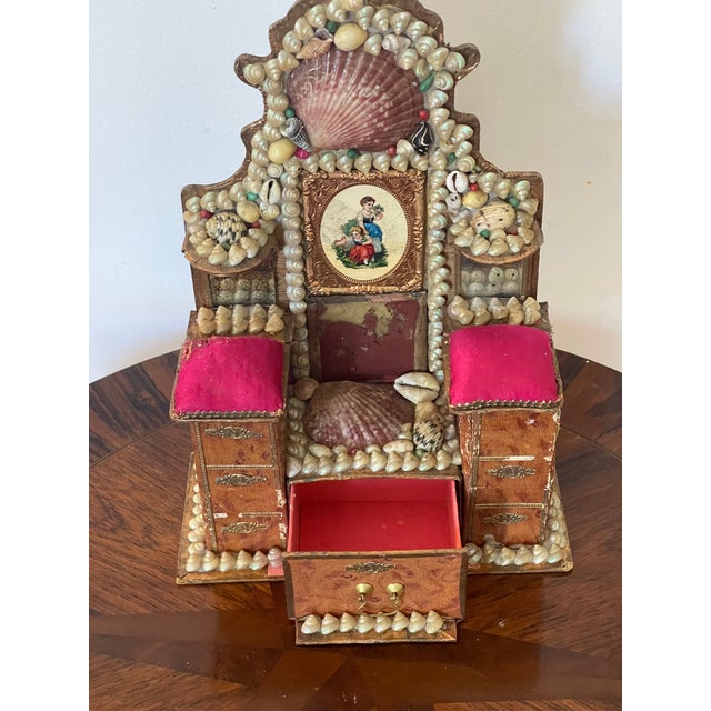 Reduced-Antique Sailors Valentines Sea Shell Box Pin Cushion For Sale - Image 4 of 6