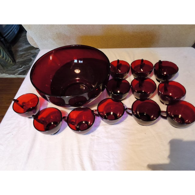 Ruby Red Vintage Anchor Hocking Royal Ruby Red Glass Punch Bowl Set 1 Bowl & 12 Cups - 13 Pieces For Sale - Image 8 of 8