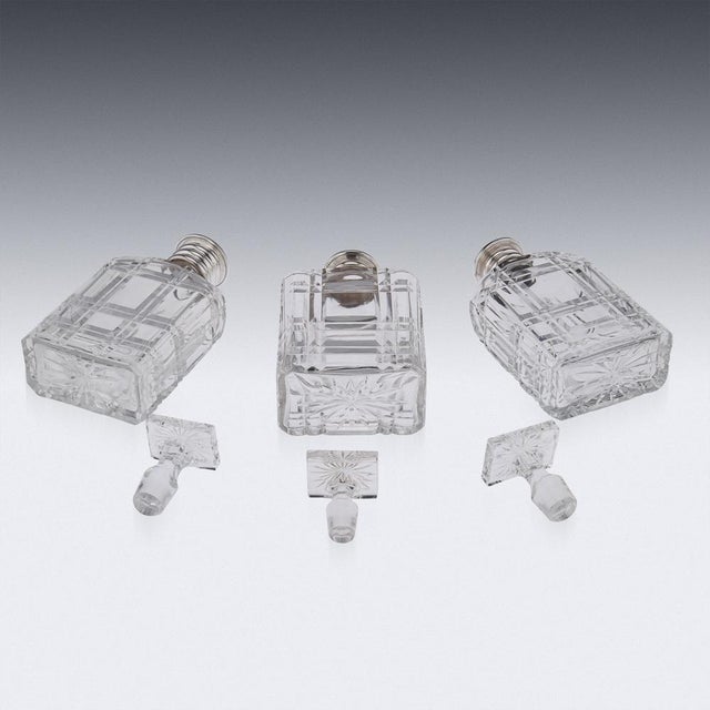 Metal 20th Century English Art Deco Solid Silver & Cut Glass Decanters, 1910s, Set of 3 For Sale - Image 7 of 18