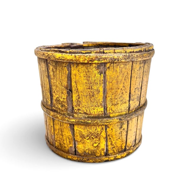 A small antique berry bucket in painted wood panels with metal banding. Original surface with phenomenal character