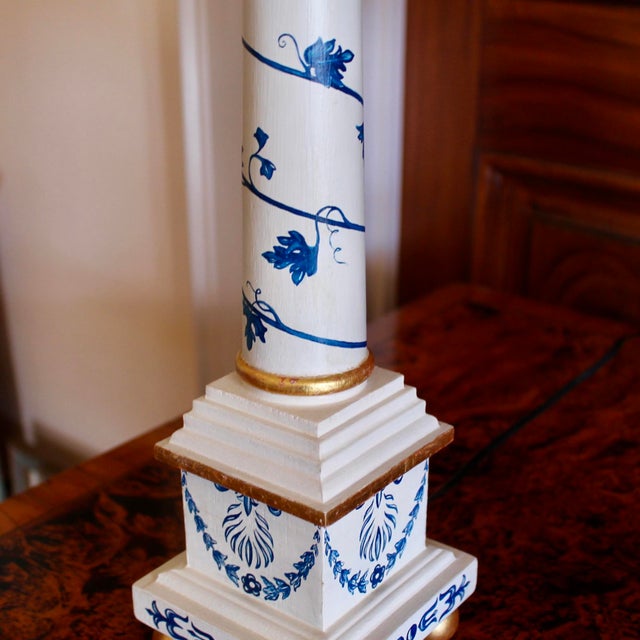 Pair of Neoclassical Painted Lamps, Cream With Blue Designs For Sale - Image 4 of 18