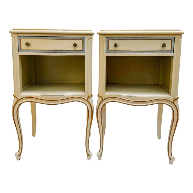 Mid-20th Century Drexel Touraine French Provincial Louis XV Style Crème Peinte Nightstands - A Pair For Sale