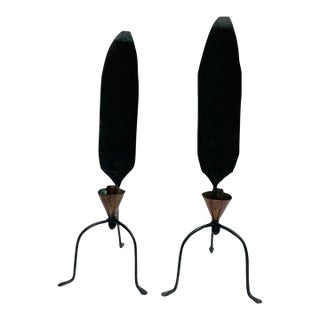 Vintage Copper Wrought Iron Leaf Candle Holder Set For Sale