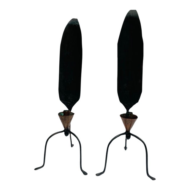 Vintage Copper Wrought Iron Leaf Candle Holder Set For Sale