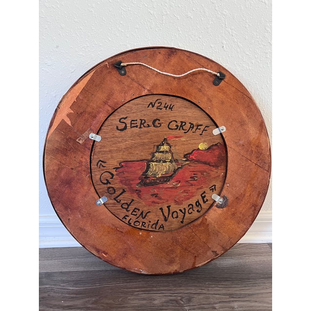 Serg Graff “Golden Voyage” Original Oil Painting Ship at Sea Round Wood Frame For Sale - Image 4 of 7