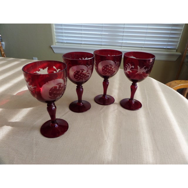 Bohemian Ruby Cut to Clear Wine With Etched Design on Glasses Set of 4 Chairish