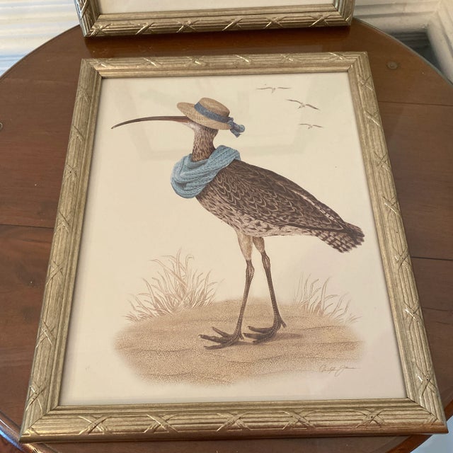 Wood Early 21st Century Whimsical Bird Prints in Silver Frame ~ a Pair For Sale - Image 7 of 11