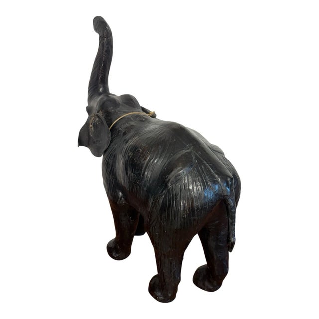 Safari Mid 20th Century Leather Elephant Statue Safari Figure W/ Bone Tusks For Sale - Image 3 of 9