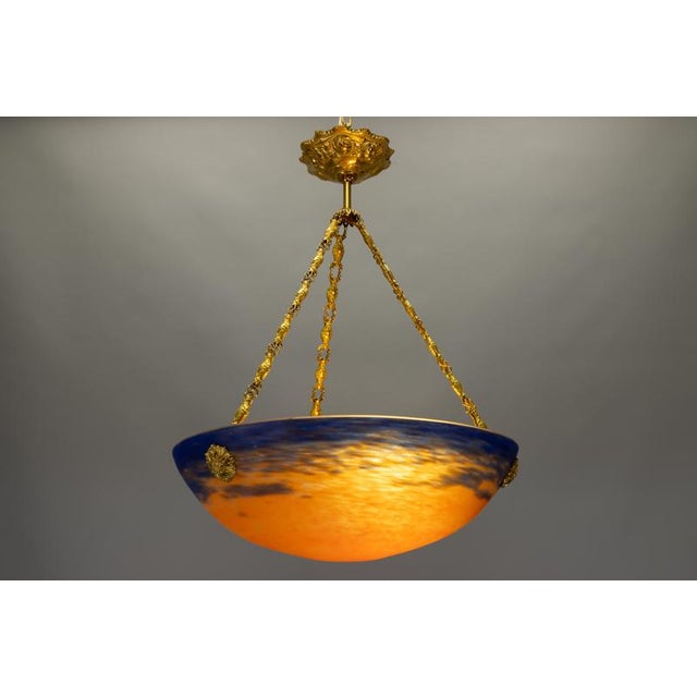 French Art Nouveau Blue & Orange Mottled Glass Pendant Light by G.V. Croismare For Sale - Image 12 of 18