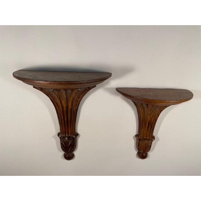 A handsome pair of hand carved Italian wooden Wall Shelf Brackets with a popular classic column design from @ 1950s. "Made...