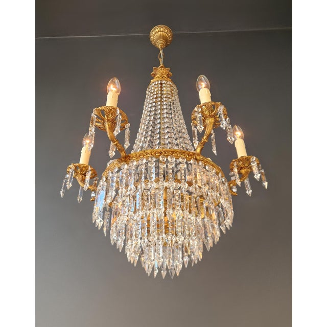 Art Deco Antique Italian Baroque Style Crystal Chandelier Brass Basket Form Restored For Sale - Image 3 of 10