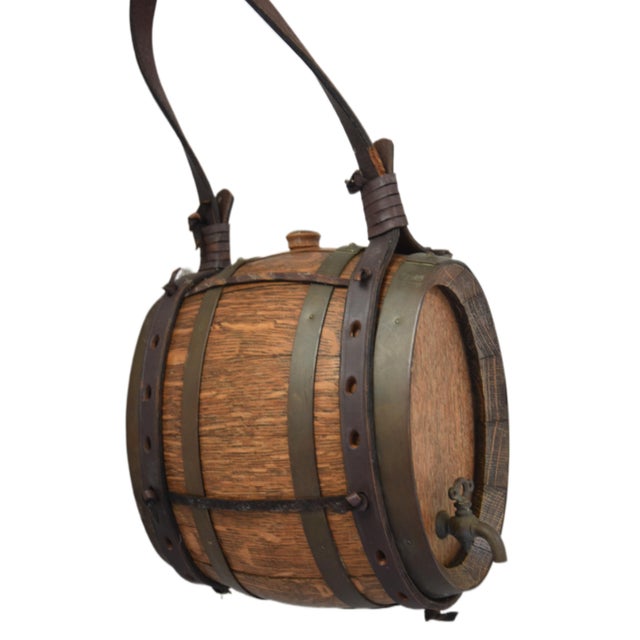 Miniature Oak & Leather Casket Keg For Sale - Image 4 of 6