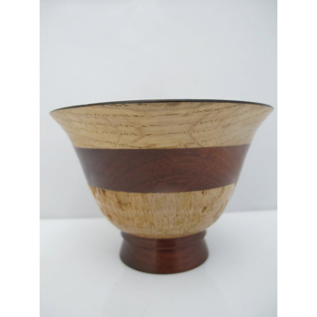 2010s Hand Turned Segmented Multi Tone Wood Studio Artisan Footed Bowl Signed For Sale - Image 5 of 8