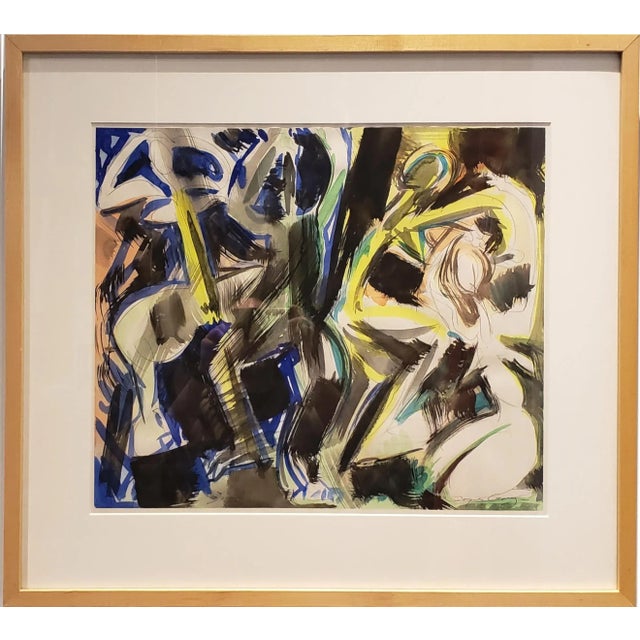 Plastic Abstract Figural Watercolor in Blue, Black and Yellow by Artist Jacques Lamy For Sale - Image 7 of 7