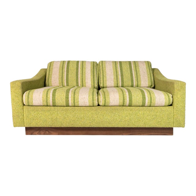 Circa 1970s Mid-Century Modern Lime Green Tweed & Walnut Sofa Attributed to Milo Baughman For Sale