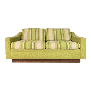 Circa 1970s Mid-Century Modern Lime Green Tweed & Walnut Sofa Attributed to Milo Baughman