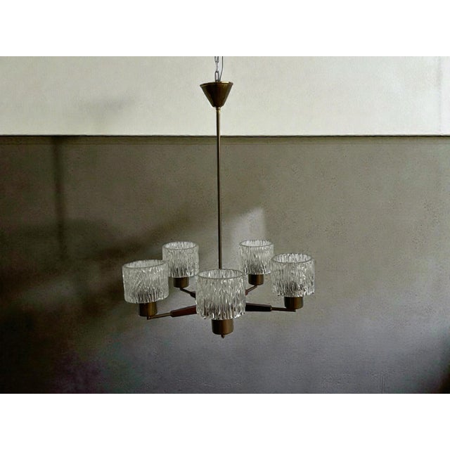 1960s Swedish Modern Teak, Brass and Art Glass Chandelier by Carl Fagerlund for Orrefors, 1960s For Sale - Image 5 of 10
