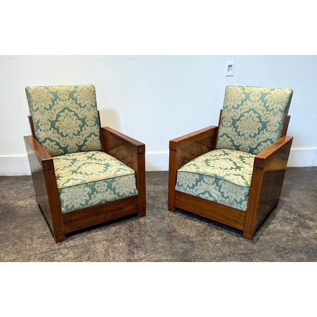 Lovely pair of French Art Deco club chairs with ottoman in rosewood. Vintage gold on green botanical design Damask fabric....