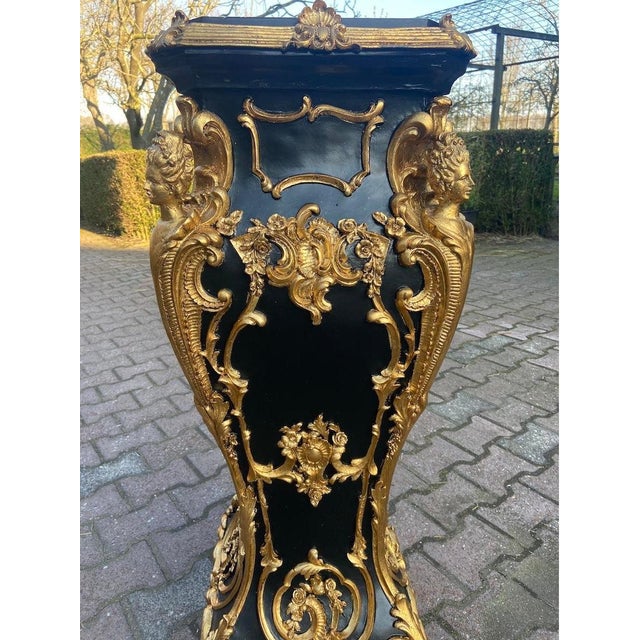 Pair 1990 Italian Baroque Black Gold Pedestals W/ Marble Effect Tops – 2 Pieces For Sale - Image 14 of 15