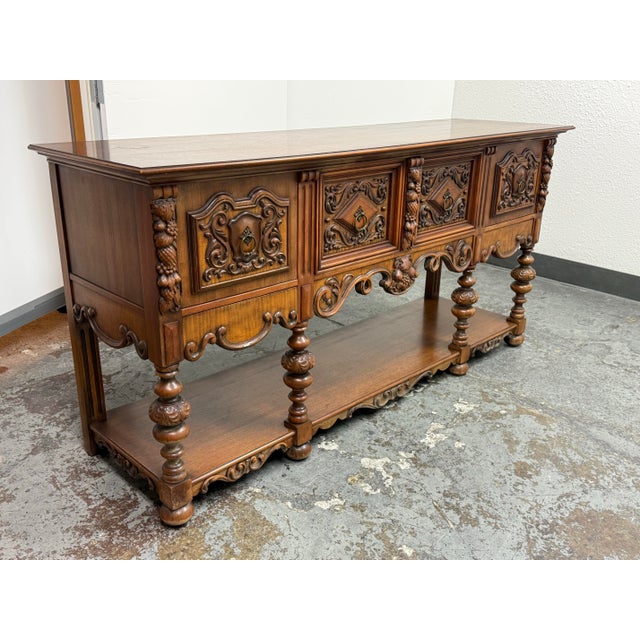 Traditional Empire Manufacturing Company Tudor Revival Carved Walnut Console Server, Circa 1920's For Sale - Image 3 of 12