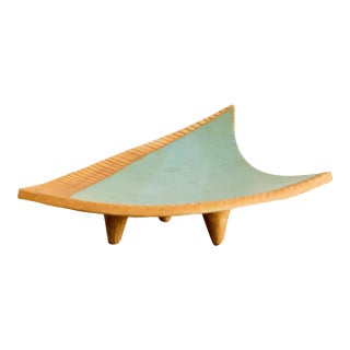 1950s Terra Cotta + Turquoise Glazed Footed Tray For Sale