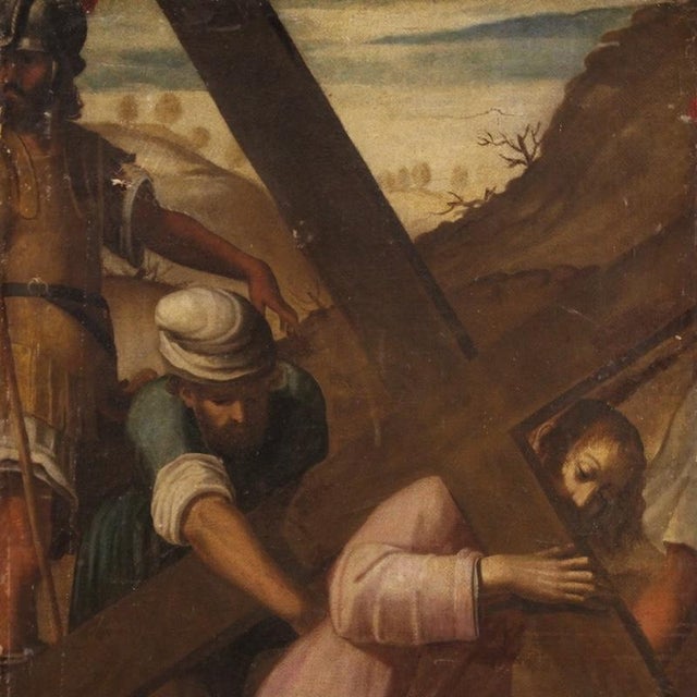 Antique Italian painting from the 17th century. Framework oil on canvas depicting a religious subject taken from the Way...