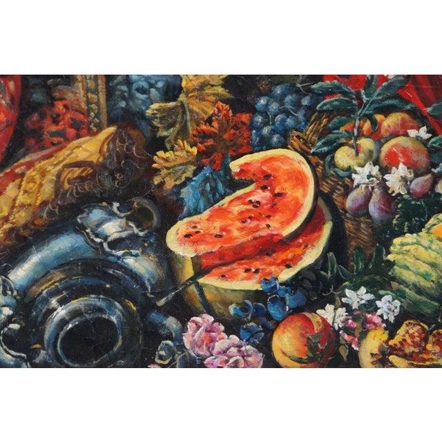 Wood Flowers Fruit Woman Picking Grapes Still Life Painting After Christian Berentz For Sale - Image 7 of 12